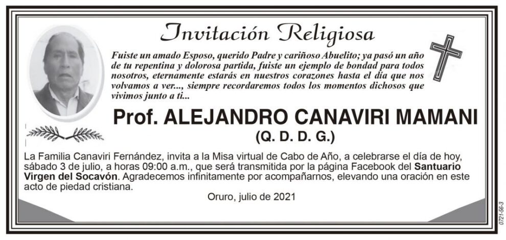 Prof. Alejandro Canaviri Mamani, invitación a misa virtual