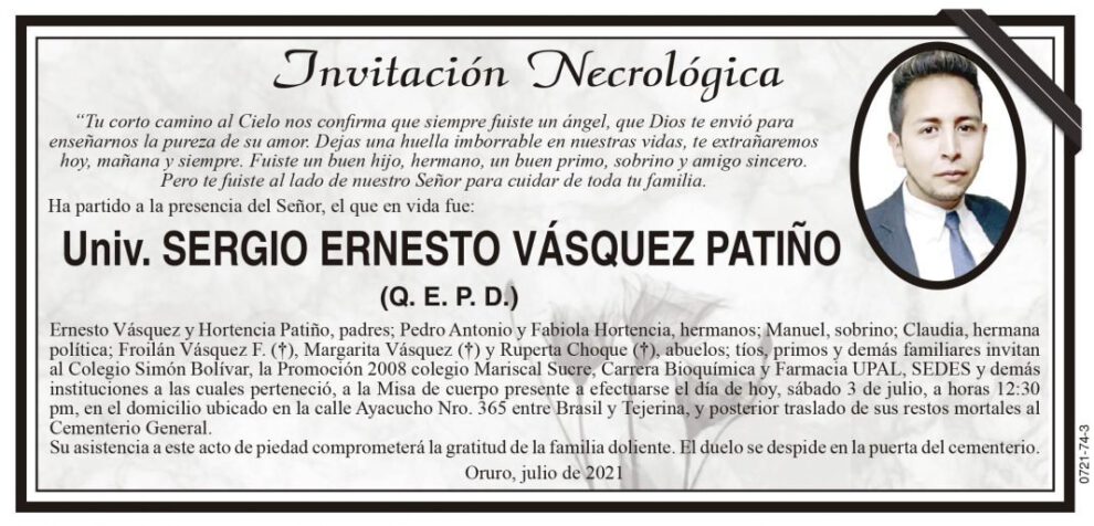 Invitación Necrológica para Sergio Ernesto Vásquez Patiño