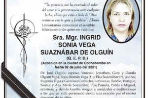 Parte Necrológico de Ingrid Sonia Vega Suaznábar de Olguín