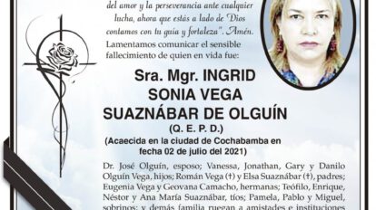 Parte Necrológico de Ingrid Sonia Vega Suaznábar de Olguín