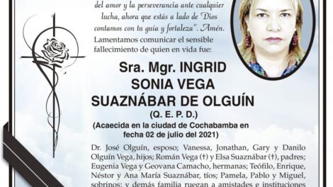 Parte Necrológico de Ingrid Sonia Vega Suaznábar de Olguín