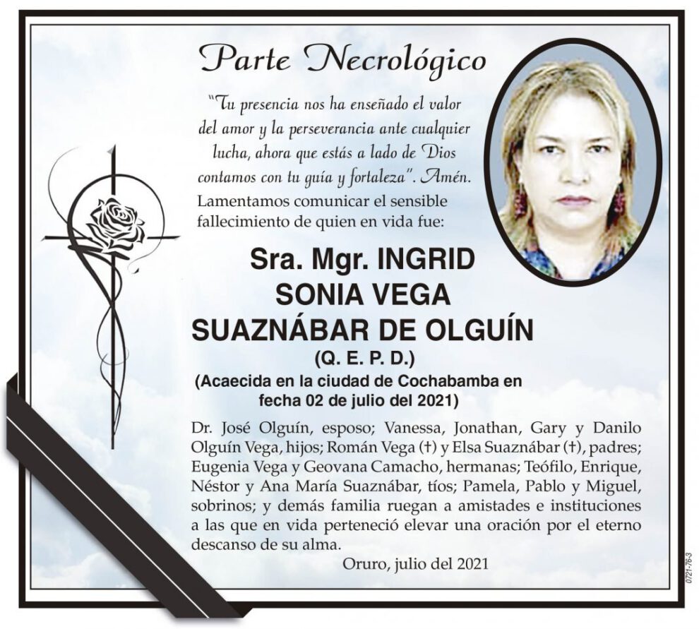 Parte Necrológico de Ingrid Sonia Vega Suaznábar de Olguín