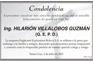 Condolencia por el fallecimiento de Ing. Hilarión Villalobos Guzmán