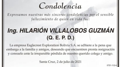 Condolencia por el fallecimiento de Ing. Hilarión Villalobos Guzmán
