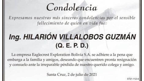 Condolencia por el fallecimiento de Ing. Hilarión Villalobos Guzmán