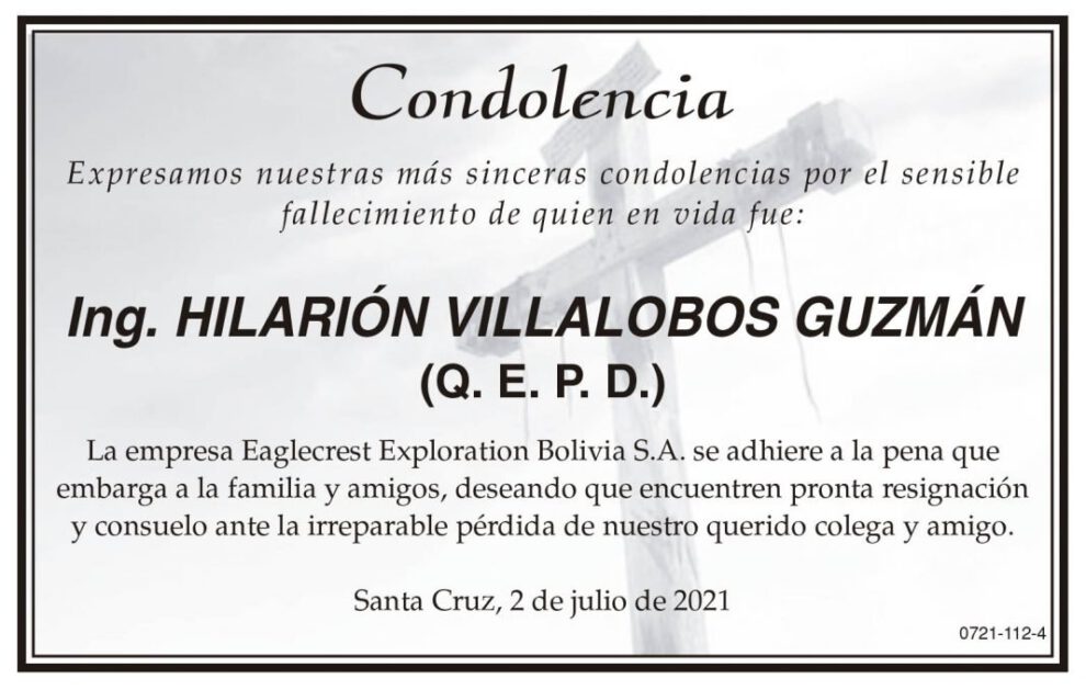 Condolencia por el fallecimiento de Ing. Hilarión Villalobos Guzmán