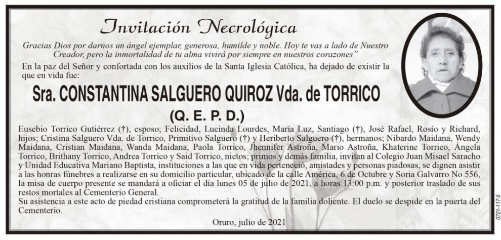 Invitación Necrológica de Constantina Salguero Quiroz