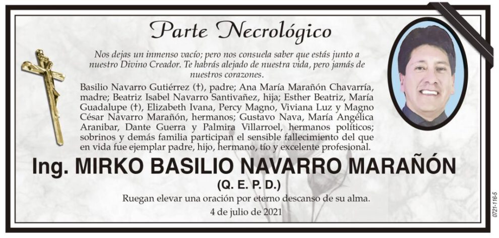 Parte Necrológico de Ing. Mirko Basilio Navarro Marañón