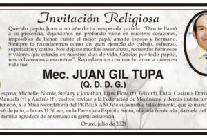 Mec. Juan Gil Tupa, invitación a misa recordatoria
