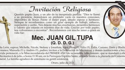 Mec. Juan Gil Tupa, invitación a misa recordatoria