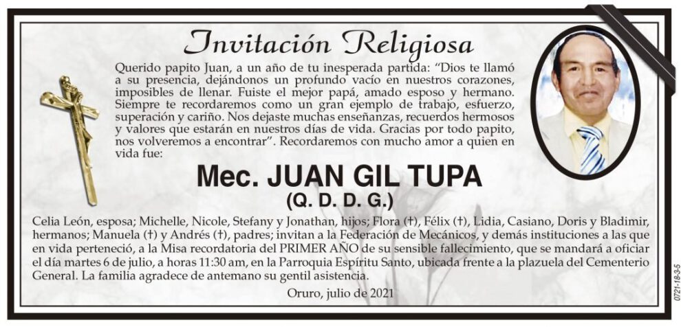 Mec. Juan Gil Tupa, invitación a misa recordatoria