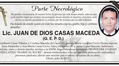 Necrológico de Lic. Juan de Dios Casas Maceda