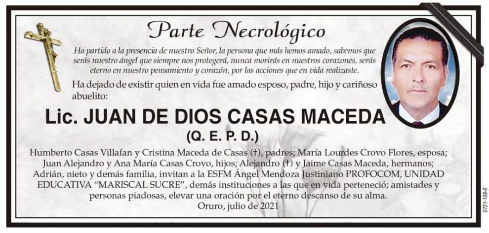 Necrológico de Lic. Juan de Dios Casas Maceda