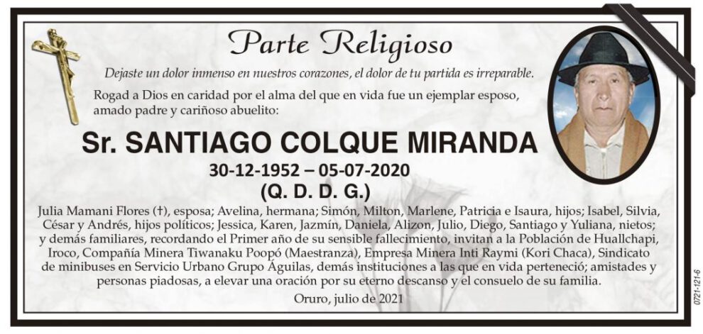 Parte Religioso de Santiago Colque Miranda