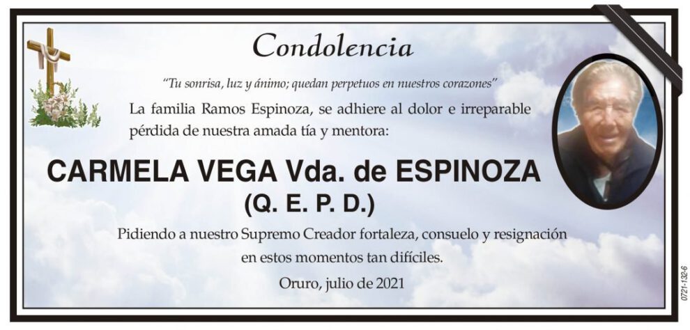 Condolencia por la pérdida de Carmela Vega Vda. de Espinoza