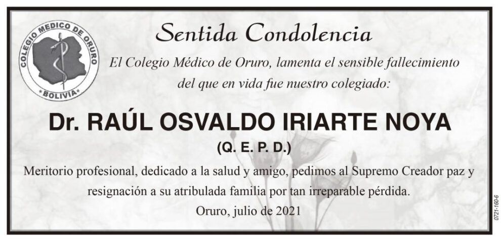 Sentida Condolencia por el Dr. Raúl Osvaldo Iriarte Noya