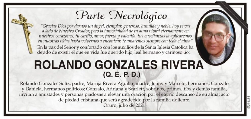 Parte Necrológico de Rolando Gonzales Rivera