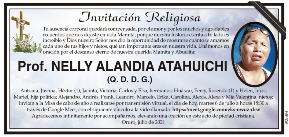 Invitación Religiosa: Prof. Nelly Alandia Atahuichi