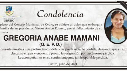 Condolencia por el fallecimiento de Gregoria Anabe Mamani