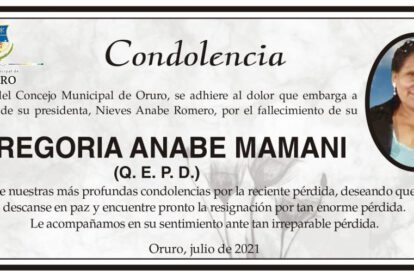 Condolencia por el fallecimiento de Gregoria Anabe Mamani