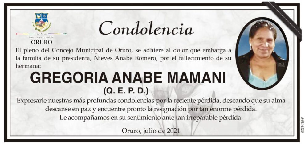 Condolencia por el fallecimiento de Gregoria Anabe Mamani