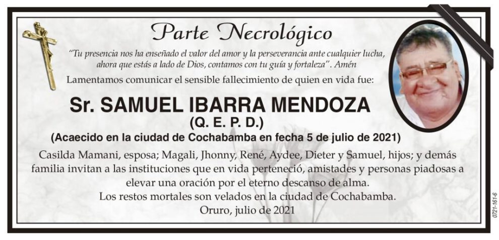 Parte Necrológico de Samuel Ibarra Mendoza