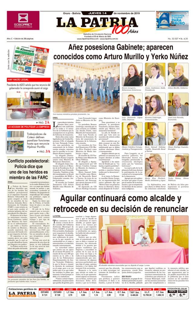 Portadas impresas del periódico La Patria, jueves 14 de noviembre de 2019