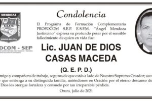 Condolencia por el fallecimiento de Lic. Juan de Dios Casas Maceda