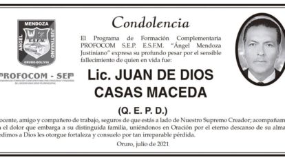 Condolencia por el fallecimiento de Lic. Juan de Dios Casas Maceda