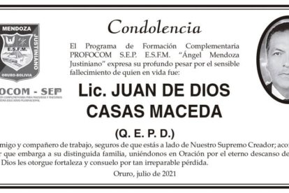 Condolencia por el fallecimiento de Lic. Juan de Dios Casas Maceda
