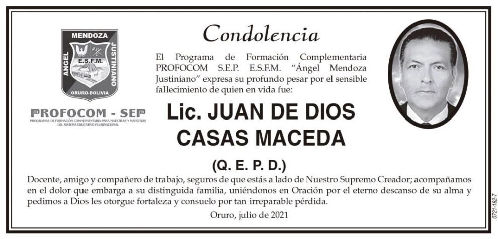 Condolencia por el fallecimiento de Lic. Juan de Dios Casas Maceda