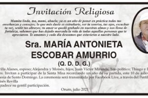 Invitación Religiosa en memoria de María Antonieta Escobar Amurrio
