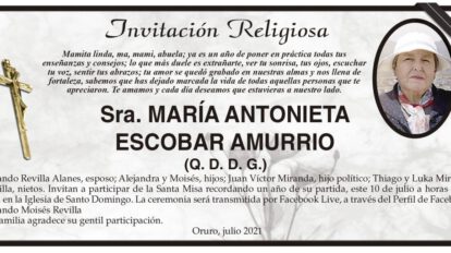 Invitación Religiosa en memoria de María Antonieta Escobar Amurrio