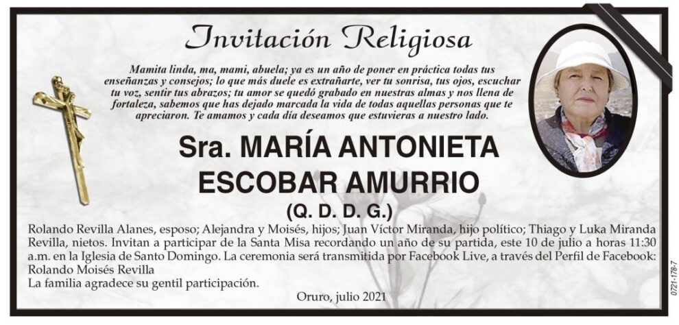 Invitación Religiosa en memoria de María Antonieta Escobar Amurrio