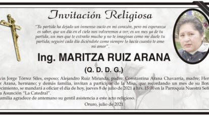 Invitación Religiosa para Ing. Maritza Ruiz Arana