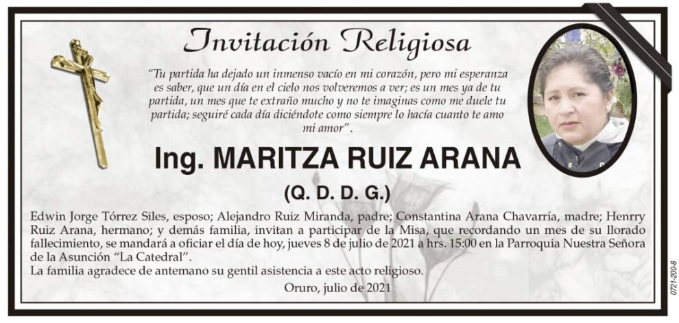 Invitación Religiosa para Ing. Maritza Ruiz Arana