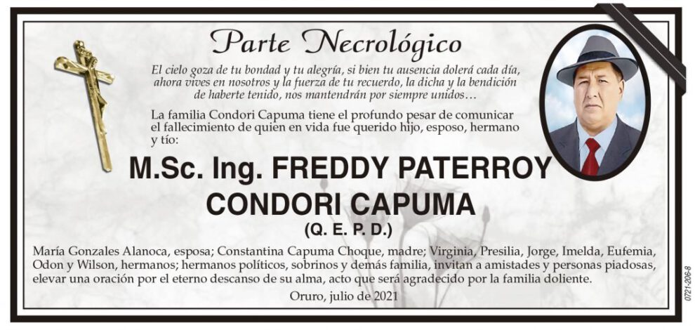 Parte Necrológico de Freddy Paterroy Condori Capuma
