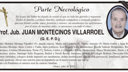 Parte Necrológico de Juan Montecinos Villarroel