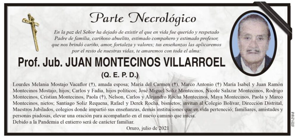 Parte Necrológico de Juan Montecinos Villarroel