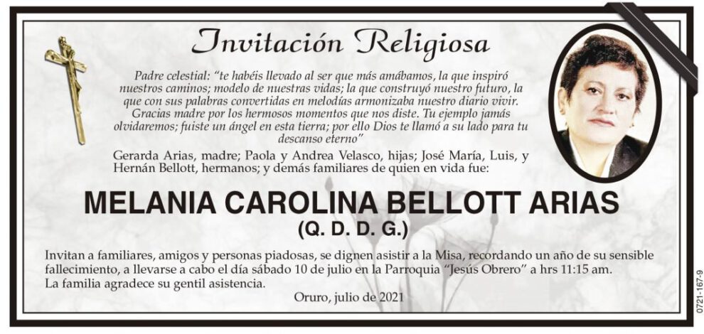 Invitación Religiosa para Melania Carolina Bellott Arias