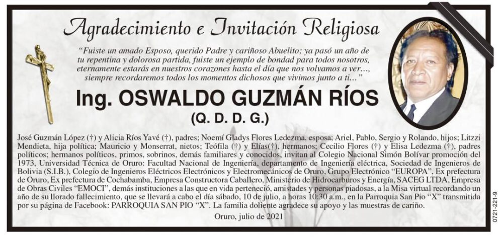 Agradecimiento e Invitación Religiosa por Ing. Oswaldo Guzmán Ríos