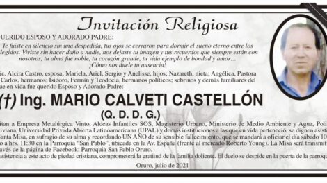 Invitación Religiosa para Ing. Mario Calveti Castellón