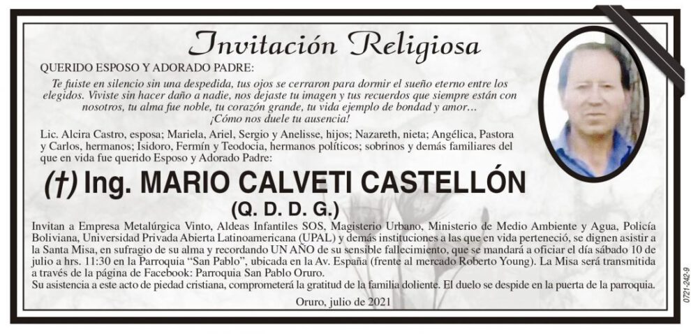 Invitación Religiosa para Ing. Mario Calveti Castellón