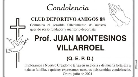 Condolencia por el fallecimiento del Prof. Juan Montesinos Villarroel