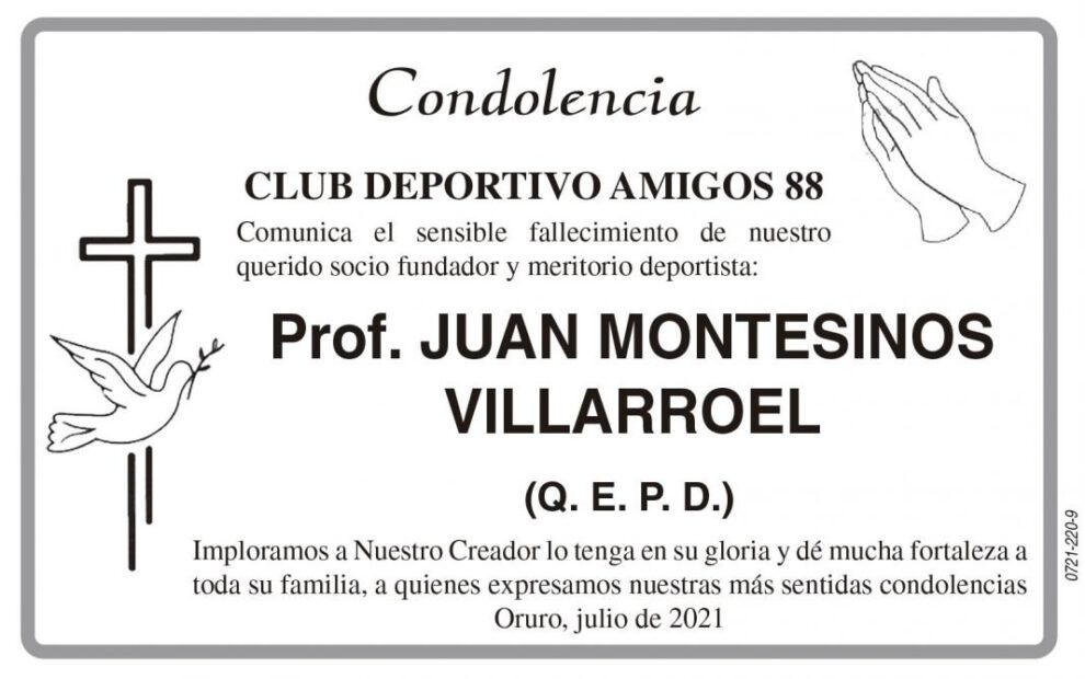 Condolencia por el fallecimiento del Prof. Juan Montesinos Villarroel