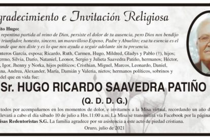 Agradecimiento e Invitación Religiosa por Hugo Ricardo Saavedra Patiño