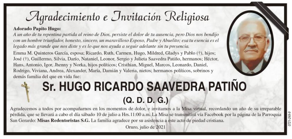 Agradecimiento e Invitación Religiosa por Hugo Ricardo Saavedra Patiño