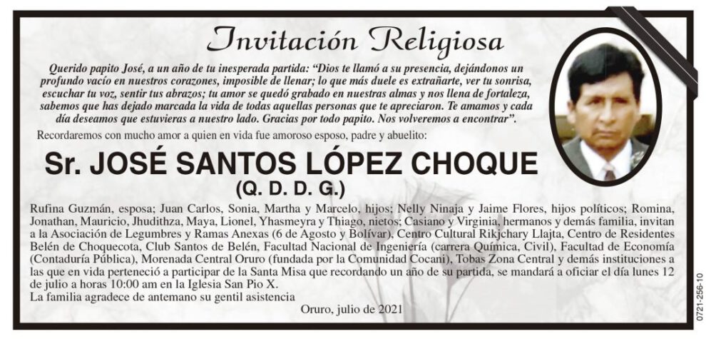Invitación Religiosa para José Santos López Choque