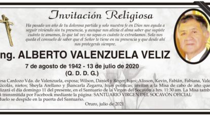 Ing. Alberto Valenzuela Veliz, invitación a misa de cabo de año