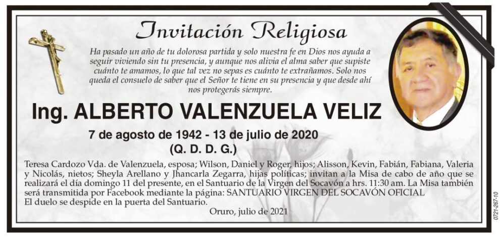 Ing. Alberto Valenzuela Veliz, invitación a misa de cabo de año
